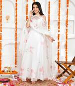 White organza hand painted floral anarkali with dupatta