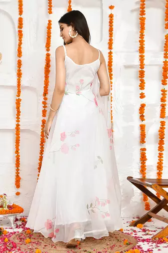 White organza hand painted floral anarkali with dupatta