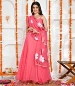 Pink georgette hand painted dupatta and  plain anarkali.
