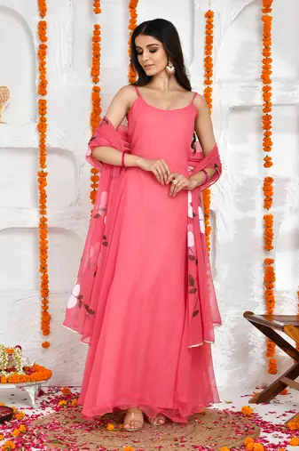 Pink georgette hand painted dupatta and  plain anarkali.