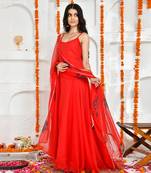 Red georgette hand painted dupatta and plain anarkali.