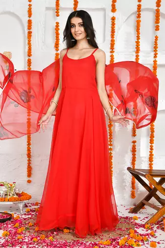 Red georgette hand painted dupatta and plain anarkali.