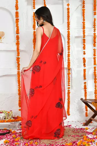 Red georgette hand painted dupatta and plain anarkali.