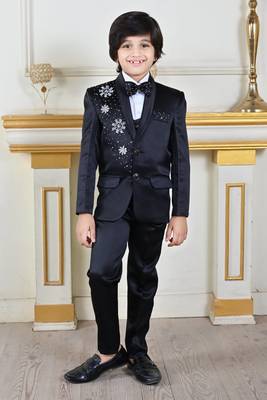 Boys 5-piece satin beadwork coat pant suit set - black 1