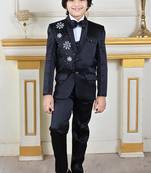 Boys 5-piece satin beadwork coat pant suit set - black