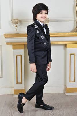 Boys 5-piece satin beadwork coat pant suit set - black 3
