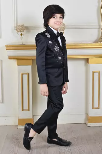 Boys 5-piece satin beadwork coat pant suit set - black