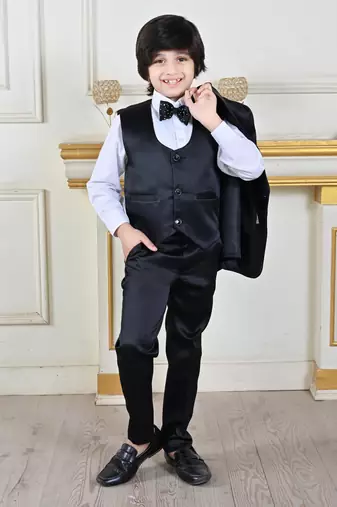 Boys 5-piece satin beadwork coat pant suit set - black