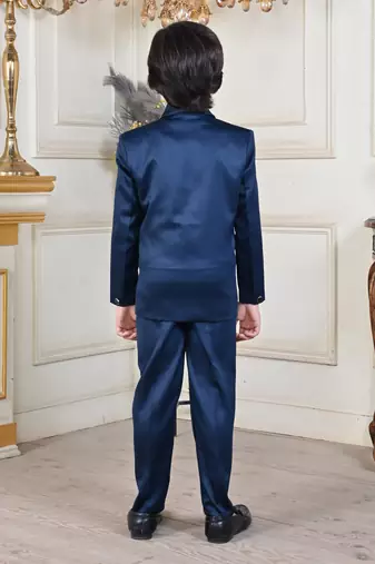 Boys 5-piece satin beadwork coat pant suit set - peacock blue