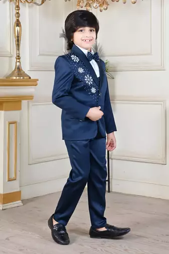 Boys 5-piece satin beadwork coat pant suit set - peacock blue