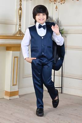 Boys 5-piece satin beadwork coat pant suit set - peacock blue 4