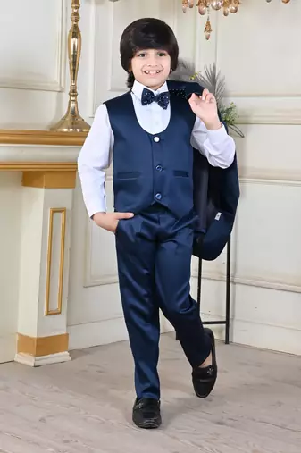 Boys 5-piece satin beadwork coat pant suit set - peacock blue