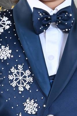 Boys 5-piece satin beadwork coat pant suit set - peacock blue 5