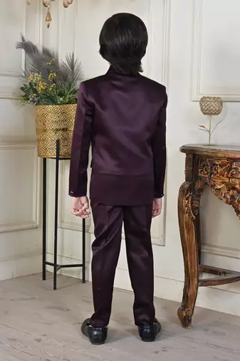 Boys 5-piece satin beadwork coat pant suit set - maroon