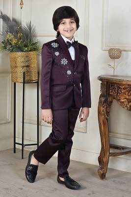 Boys 5-piece satin beadwork coat pant suit set - maroon 3