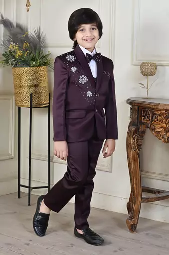 Boys 5-piece satin beadwork coat pant suit set - maroon