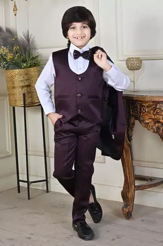 Boys 5-piece satin beadwork coat pant suit set - maroon
