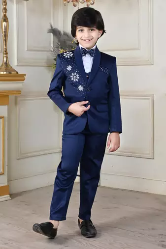 Boys 5-piece satin beadwork coat pant suit set - navy blue