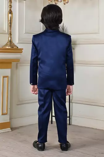 Boys 5-piece satin beadwork coat pant suit set - navy blue