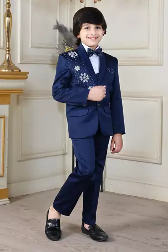 Boys 5-piece satin beadwork coat pant suit set - navy blue