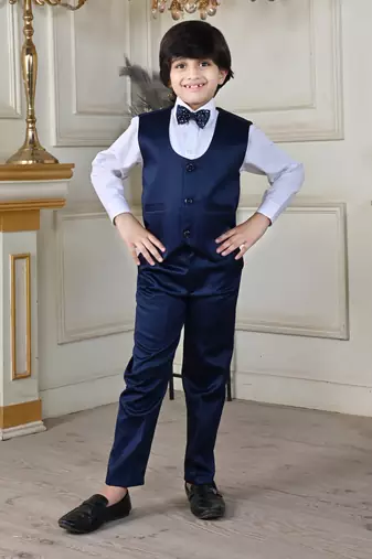 Boys 5-piece satin beadwork coat pant suit set - navy blue