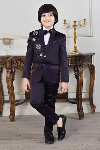 Boys 5-piece satin beadwork coat pant suit set - wine