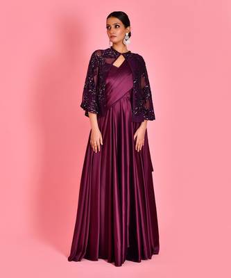 Wine satin gown with cape 1