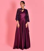Wine satin gown with cape