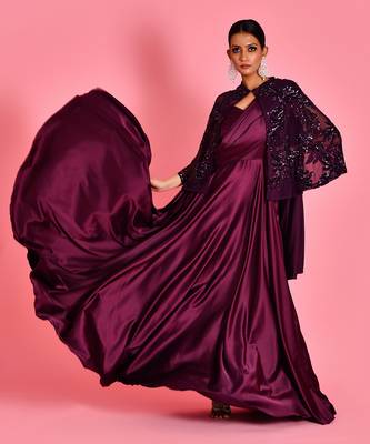 Wine satin gown with cape 2