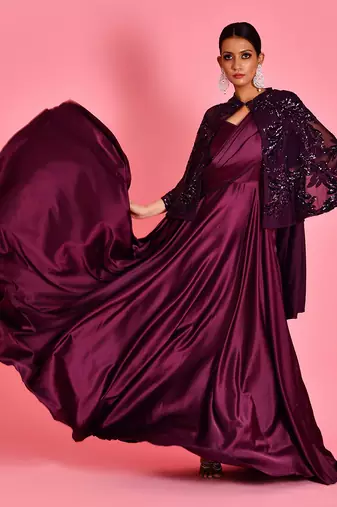 Wine satin gown with cape