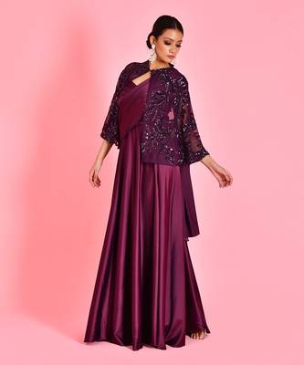 Wine satin gown with cape 3