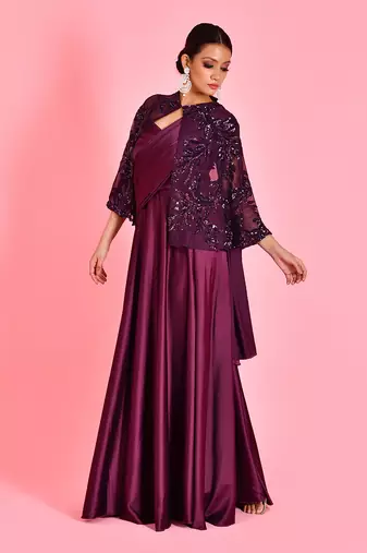 Wine satin gown with cape