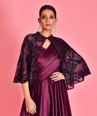 Wine satin gown with cape 4