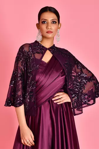 Wine satin gown with cape