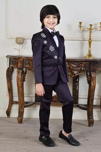 Boys 5-piece satin beadwork coat pant suit set - wine