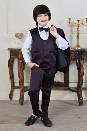 Boys 5-piece satin beadwork coat pant suit set - wine