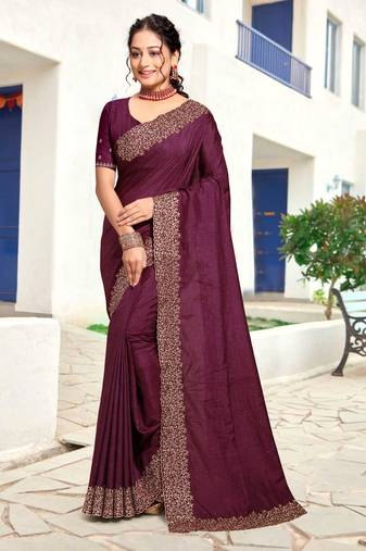 Wine Zari Embroidery Border Work Art Silk Saree