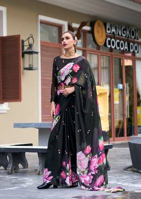 Black designer printed georgette saree with blouse 1