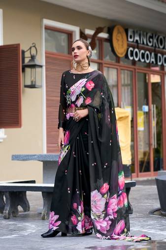 Black designer printed pure georgette saree with blouse