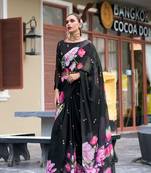 Black designer printed georgette saree with blouse