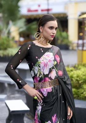 Black designer printed georgette saree with blouse 2