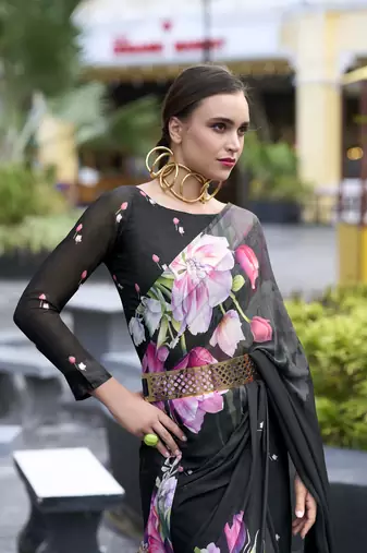 Black designer printed georgette saree with blouse