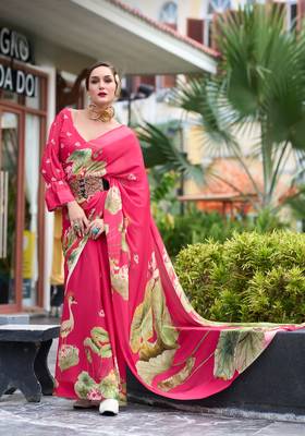Pink designer printed georgette saree with blouse 1
