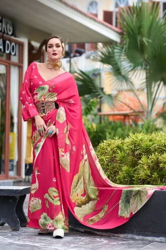 Pink designer printed pure georgette saree with blouse