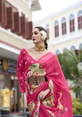 Pink designer printed georgette saree with blouse 2