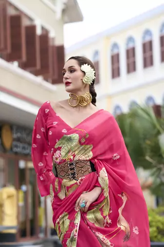 Pink designer printed georgette saree with blouse