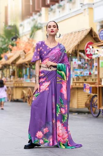 Lavender designer printed pure georgette saree with blouse
