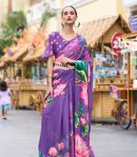 Lavender designer printed georgette saree with blouse