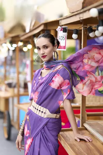 Lavender designer printed georgette saree with blouse