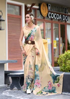 Cream designer printed georgette saree with blouse 1